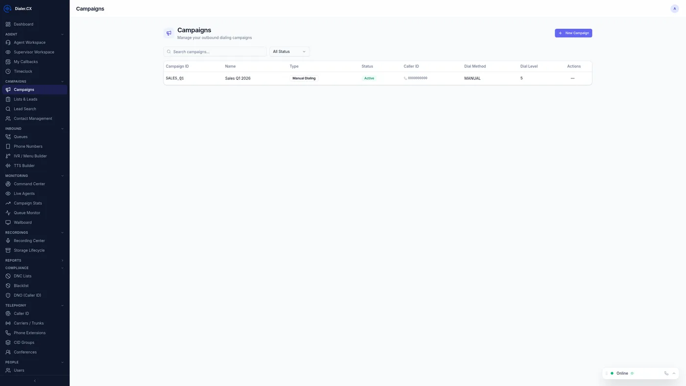 Dialer.CX Campaigns — campaign management and dialing configuration