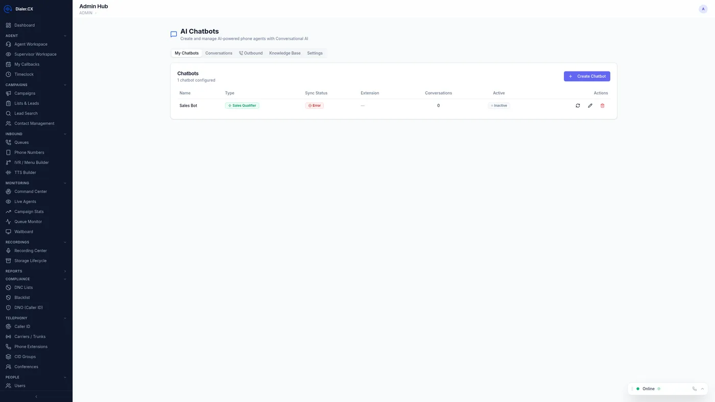 Dialer.CX AI Chatbots — automated conversation builder